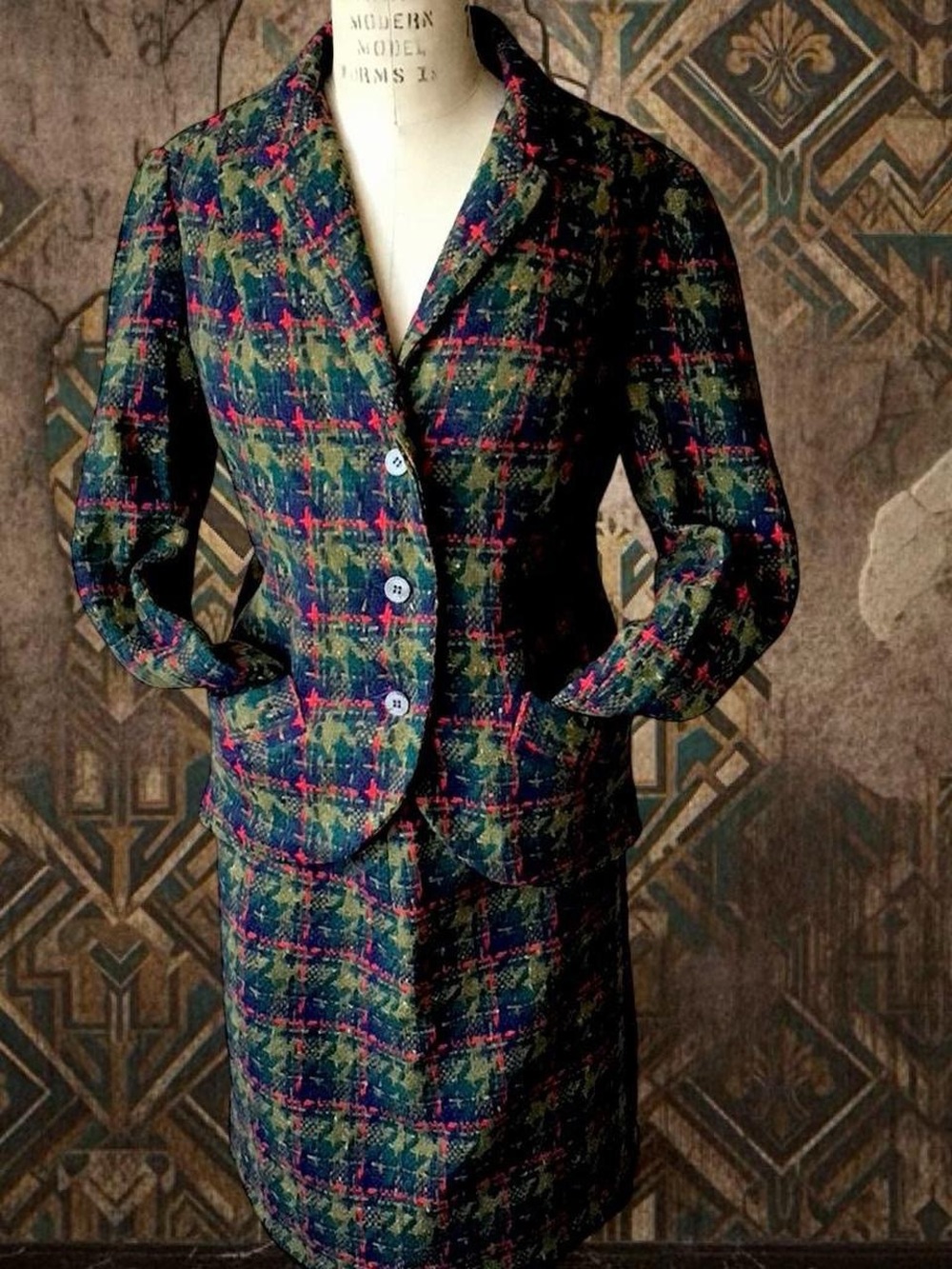 Koret of California Vintage Plaid Tweed Skirt Suit Set in Green and Navy Wool